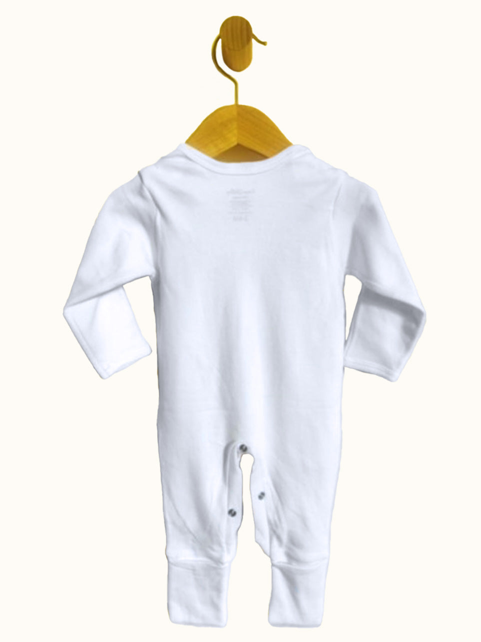 Back view of white long sleeve Baby Bodysuit with pacifier strap and snap crotch