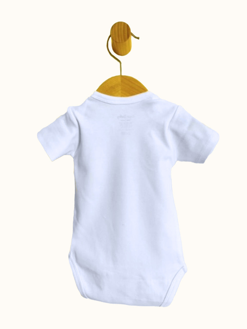 Back view of white short sleeve all natural organic fabric Baby Bodysuit with pacifier strap