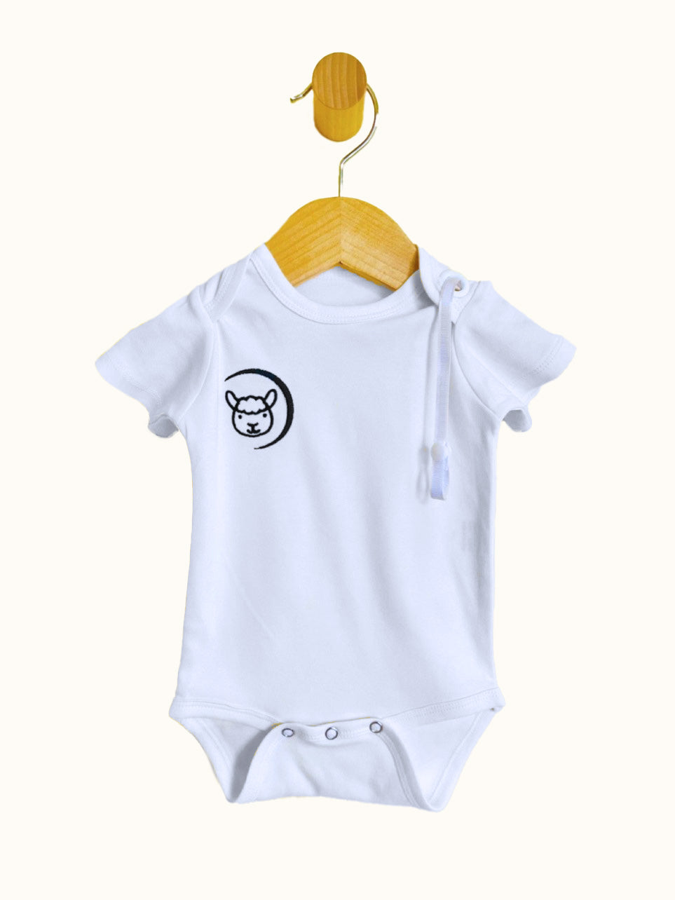 White short sleeve all natural organic fabric Baby Bodysuit with pacifier strap and snap crotch