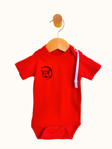 Red short sleeve Baby Bodysuit with pacifier strap and snap crotch