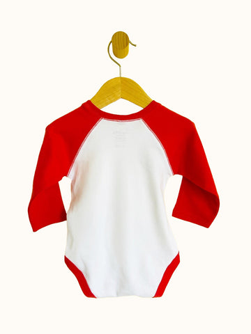 Back view of red and white jersey style Baby Bodysuit with snap crotch