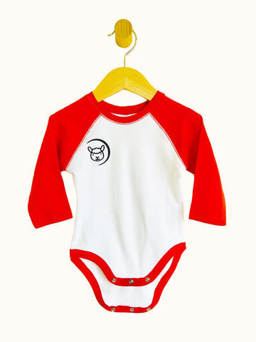 Red and white jersey style Baby Bodysuit with snap crotch
