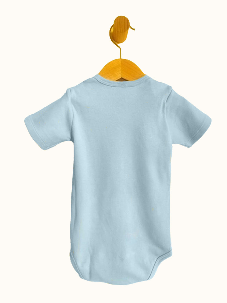 Back view of Blue short sleeve Baby Onesie with pacifier strap and snap crotch