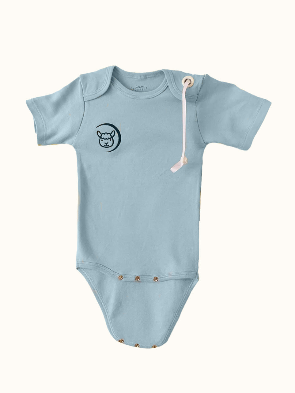 Blue short sleeve Baby Bodysuit with pacifier strap and snap crotch