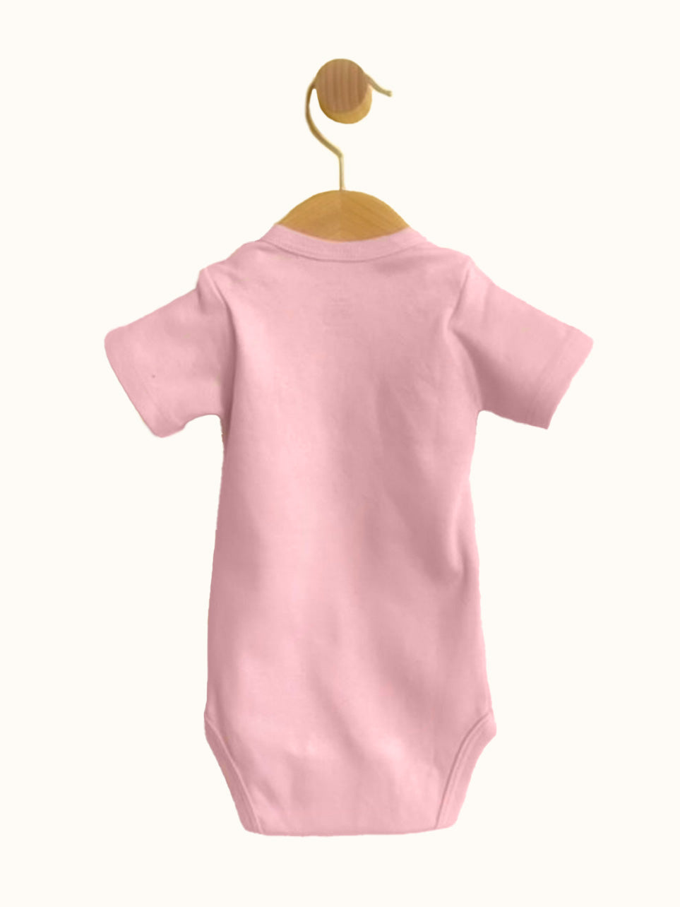 Back view of pink short sleeve Baby Bodysuit with pacifier strap and snap crotch
