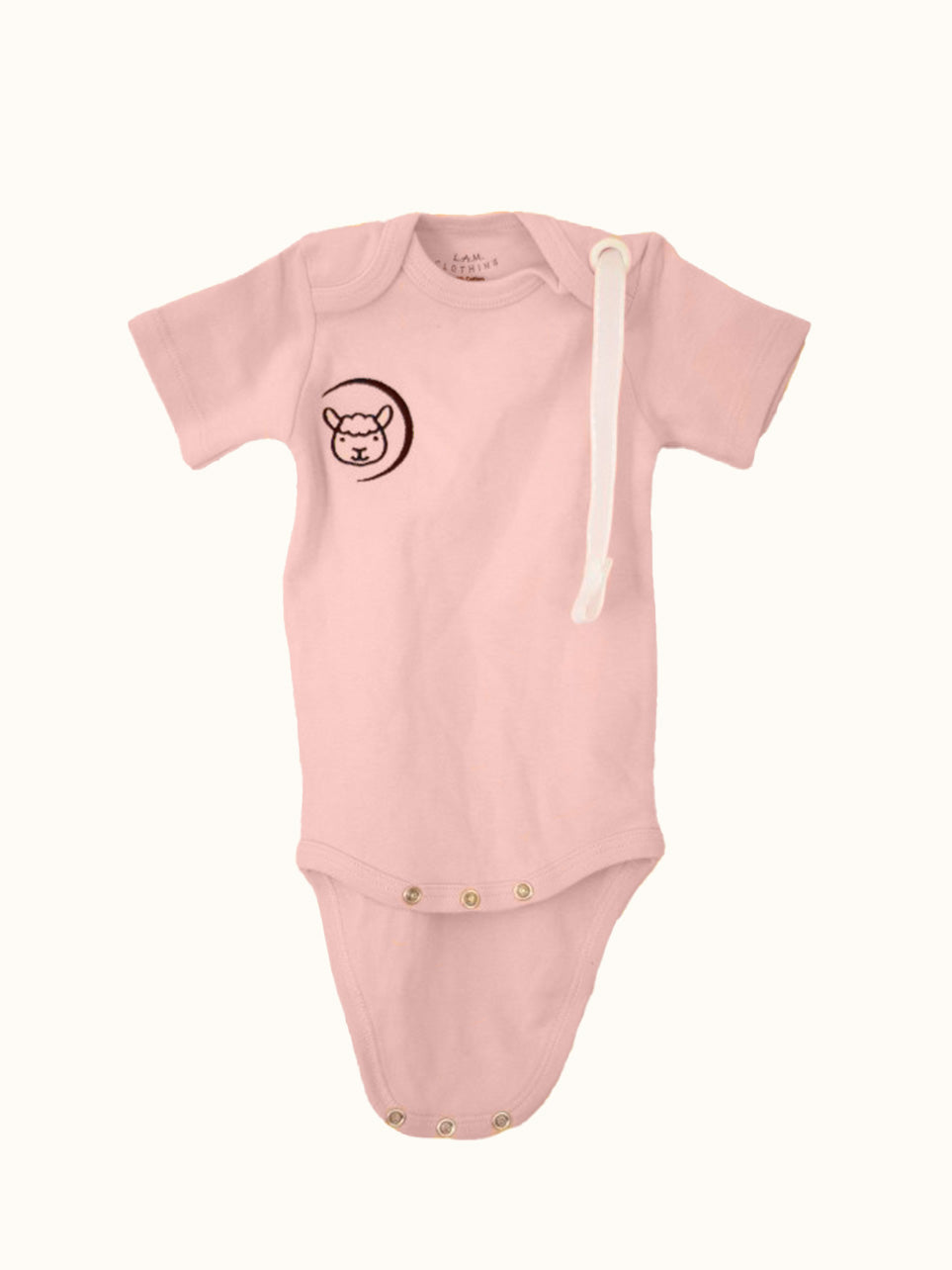 Pink short sleeve Baby Bodysuit with pacifier strap and snap crotch