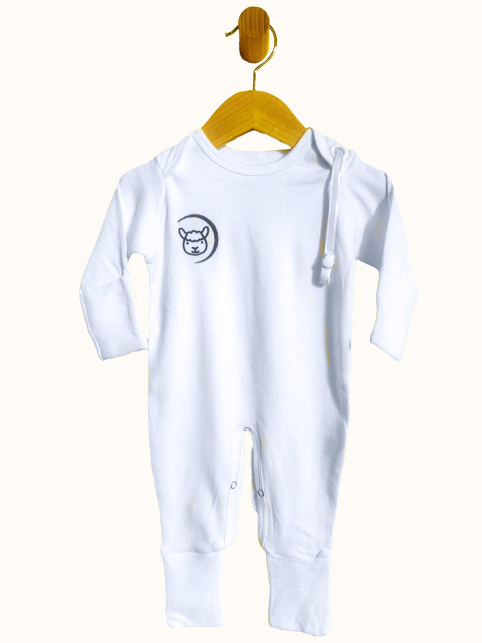 White long sleeve Baby Bodysuit with pacifier strap and snap crotch