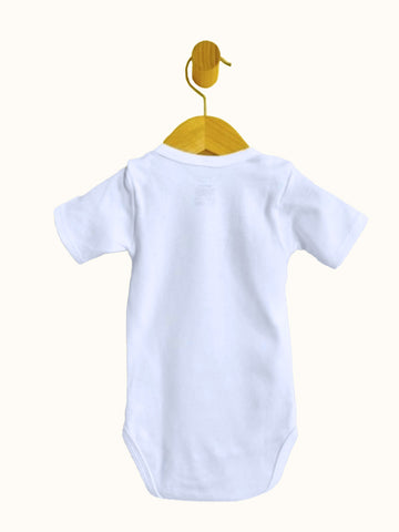 Back view of white short sleeve Baby Bodysuit with pacifier strap and snap crotch