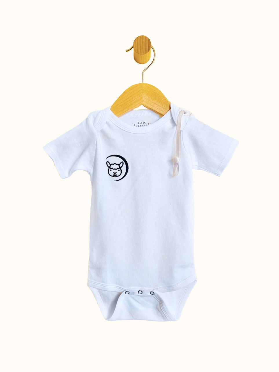 White short sleeve Baby Bodysuit with pacifier strap and snap crotch